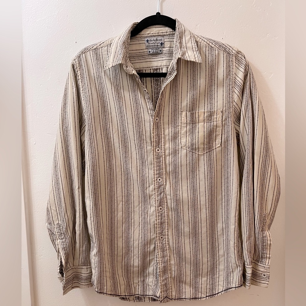 Mens Lucky Brand Cream Striped Button Up Size Small